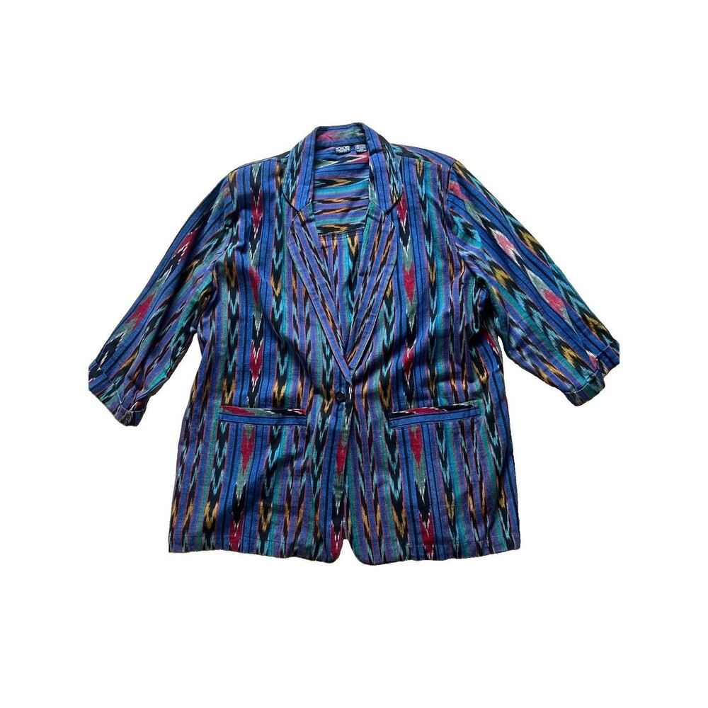 Vintage Western Ikat Blazer 100% Cotton 20W Southwestern Design W/ Shoulder Pads